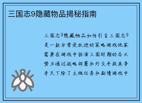 三国志9隐藏物品揭秘指南
