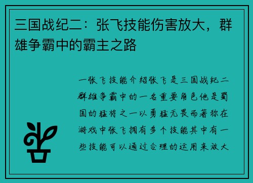 三国战纪二：张飞技能伤害放大，群雄争霸中的霸主之路