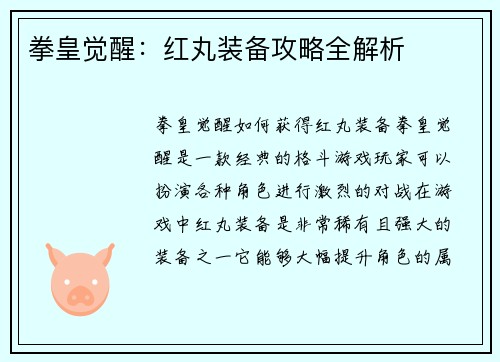 拳皇觉醒：红丸装备攻略全解析